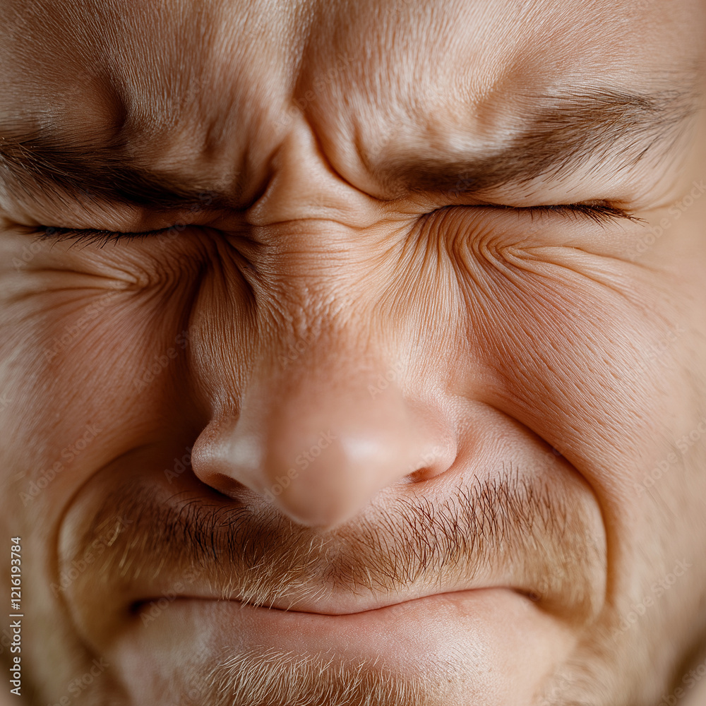 Fototapeta premium a close up photographic image of a man's wincing face due to mild pain