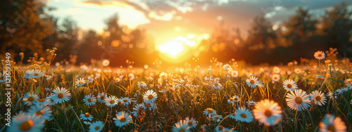 Sunlit meadow with daisies during golden hour