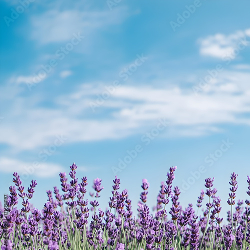 Lavender Field Under Blue Sky: A breathtaking view of a vibrant lavender field stretching towards a clear blue sky dotted with fluffy white clouds.