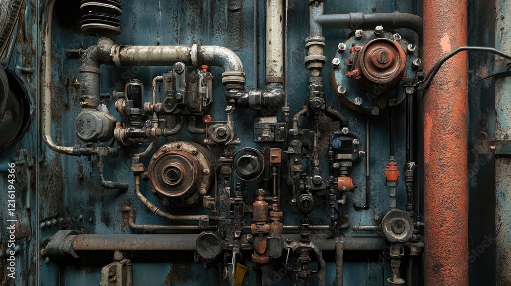 Plumbing system in a utility room, featuring a close-up of pipes, hoses, and valves, illustrating the functionality and complexity of the setup Plumbing system in a utility room, featuring a close-up of pipes, hoses, and valves, illustrating the functionality and complexity of the setup