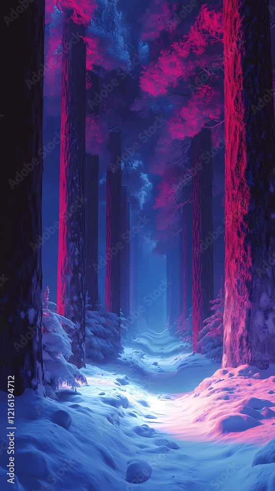 Obraz premium Winter snow-covered coniferous forest illustration with frosty pine trees and serene atmosphere, perfect for seasonal projects in a storybook style