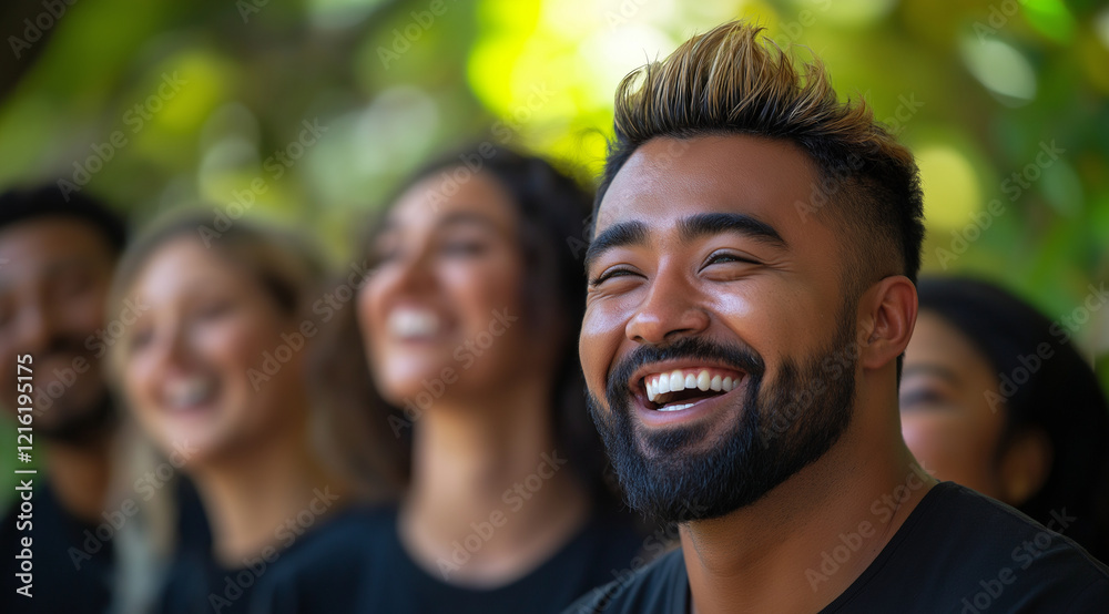 Fototapeta premium A diverse group of friends laughing and smiling together, showing the joyous effect that laughter can have on their faces and bodies. The background is outdoors with greenery to sy