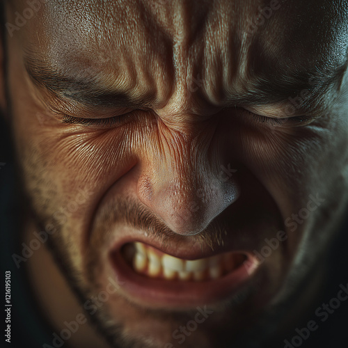  a close up photographic image of a man's wincing face due to mild pain photo