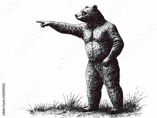 Intricate Illustration: Bear Points Majestically Across a Serene Grassy Landscape