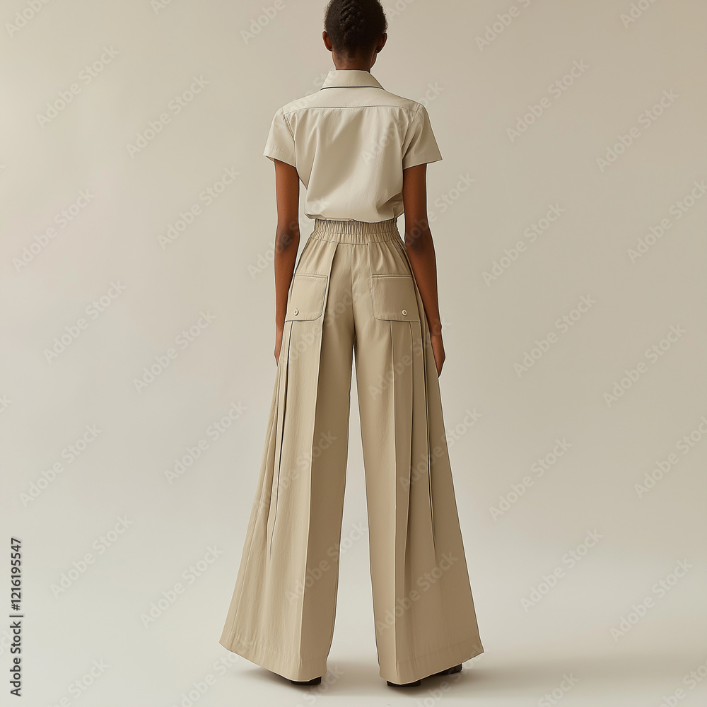 image of the model wearing wide-leg trousers in beige, designed with front pleats and a high waistline for style. The background should be white to highlight details su image of the model wearing wide-leg trousers in beige, designed with front pleats and a high waistline for style. The background should be white to highlight details su