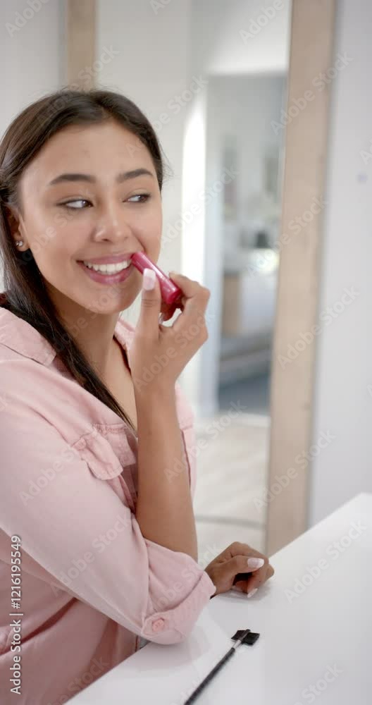Vertical video: Applying lipstick, woman smiling and looking in mirror at home