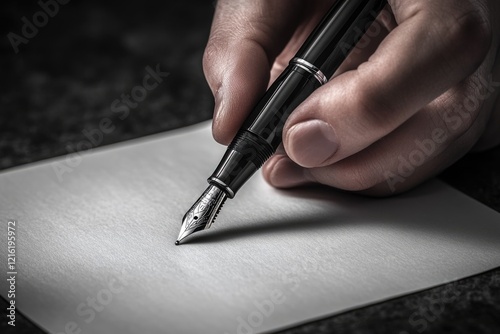 A hand delicately holds a fountain pen, poised above pristine white paper, ready to write. photo