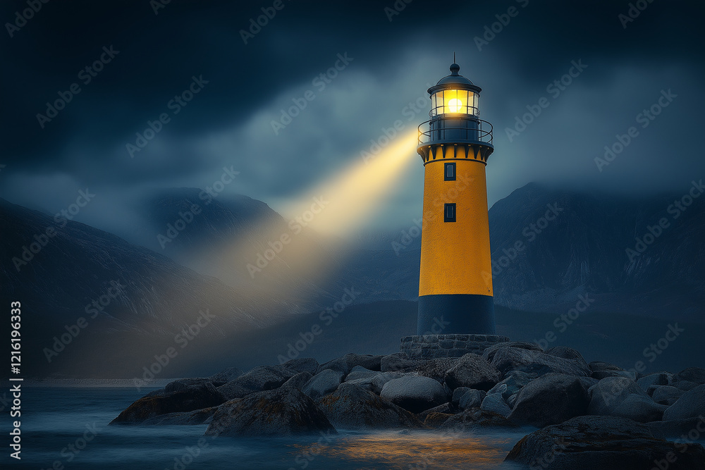 Naklejka premium A yellow and black lighthouse with light beams emanating from its top, situated on rocks in the sea, surrounded by mountains and a stormy sky. The scene is cinematic, photorealisti