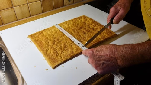 Close-up of elderly mans hands measuring baked puff pastry to create the layers for a mille-feuille dessert and hesitating to cut it