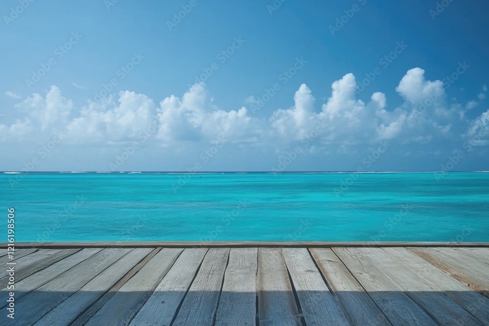 Serene turquoise ocean view from a weathered wooden dock under a bright blue sky with fluffy clouds. Serene turquoise ocean view from a weathered wooden dock under a bright blue sky with fluffy clouds.