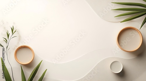Minimalist aesthetic bowls with tropical leaves on white background