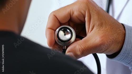A close-up of a healthcare professional’s hands using a stethoscope to examine a patient, with a white background, Minimalist style photo