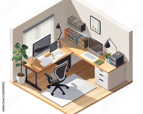 Home office with working table and bedroom, isometric rendering