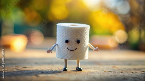 Whimsical miniature toilet paper character, cute cartoon design, tilt-shift photography.