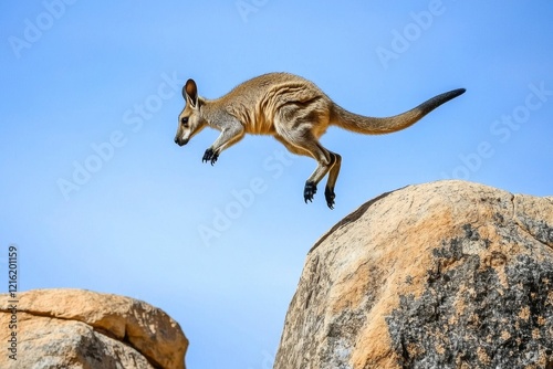 A yellow-footed rock-wallaby leaping between rocky outcrops in the Flinders Ranges, agile and sure-footed. photo