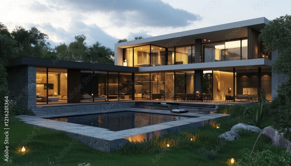 Fototapeta premium Architectural showcase sleek modern estate villa with pool
