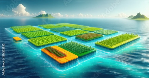 Floating farm growing fresh produce on ocean currents, solving agricultural land scarcity. Modular hydroponic platforms sustain crops, blending sustainability with futuristic farming photo