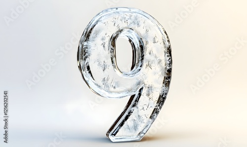 Frozen number nine, ice texture, white background, winter, advertising photo