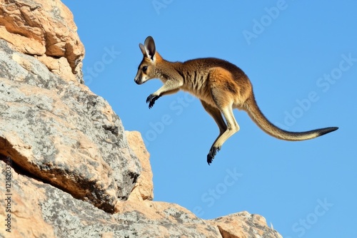 A yellow-footed rock-wallaby leaping between rocky outcrops in the Flinders Ranges, agile and sure-footed. photo