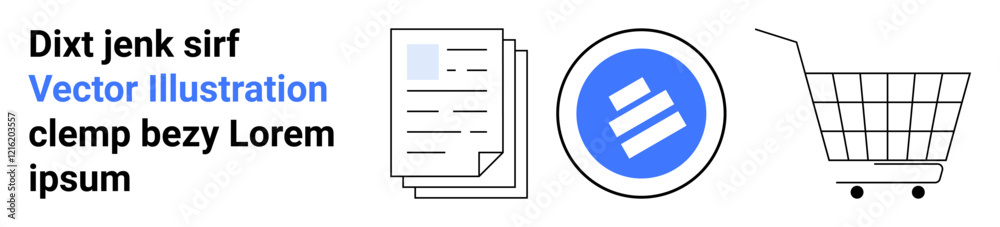 Shopping cart, document stack, and circular icon with text. Ideal for e-commerce, business, finance, logistics, marketing, technology, digital content. Banner for landing page Shopping cart, document stack, and circular icon with text. Ideal for e-commerce, business, finance, logistics, marketing, technology, digital content. Banner for landing page