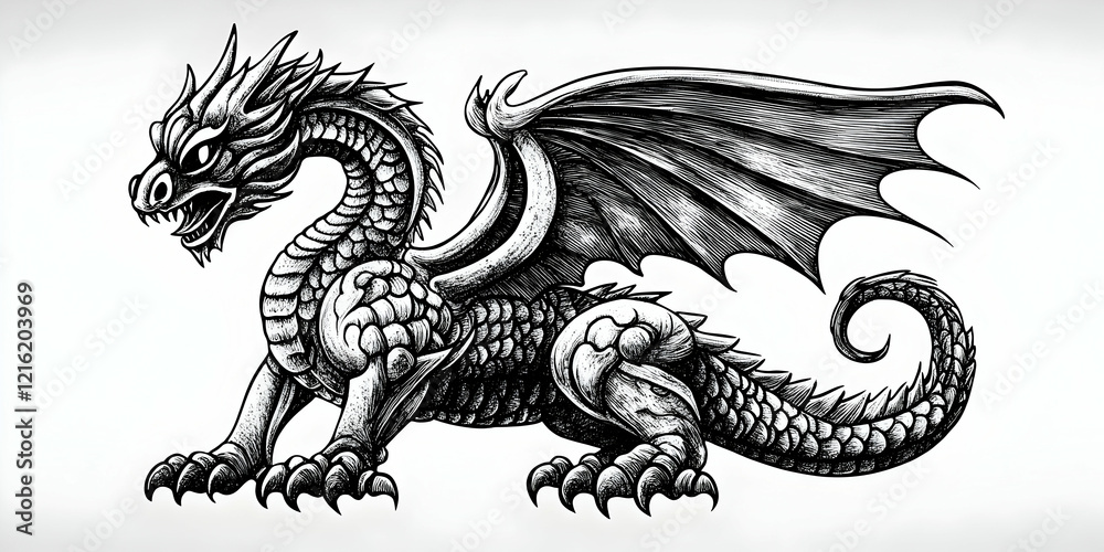 Detailed Ink Drawing of a Dragon Standing Majestically with Spread Wings and Curled Tail Detailed Ink Drawing of a Dragon Standing Majestically with Spread Wings and Curled Tail