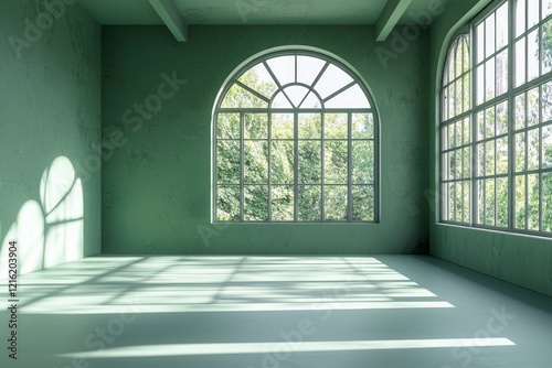 A dance studio with green walls and large windows. Light is coming in from the windows, and the floor is painted white. 