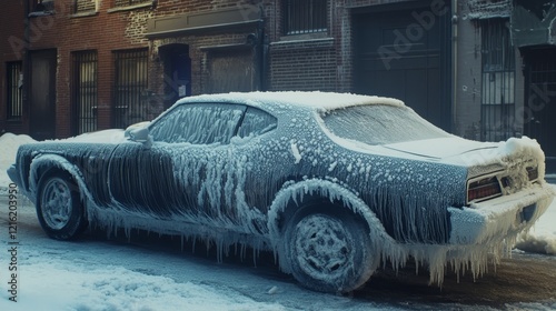 Car on the street covered by icy rain, vehicle with ice buildup on surface, frozen precipitation causing slippery road conditions and hazardous driving in winter weather photo