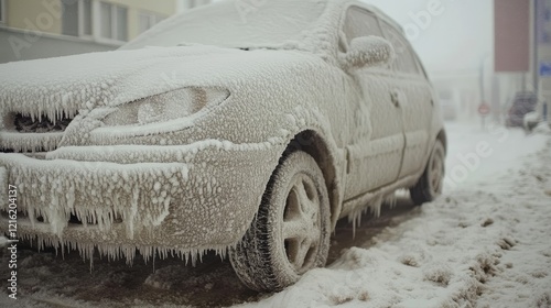 Car on the street covered by icy rain, vehicle with ice buildup on surface, frozen precipitation causing slippery road conditions and hazardous driving in winter weather photo