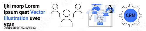 Business team managing online store checkout process, CRM gear icon, and user icons. Ideal for e-commerce, digital marketing, team collaboration, CRM systems, customer service, technology