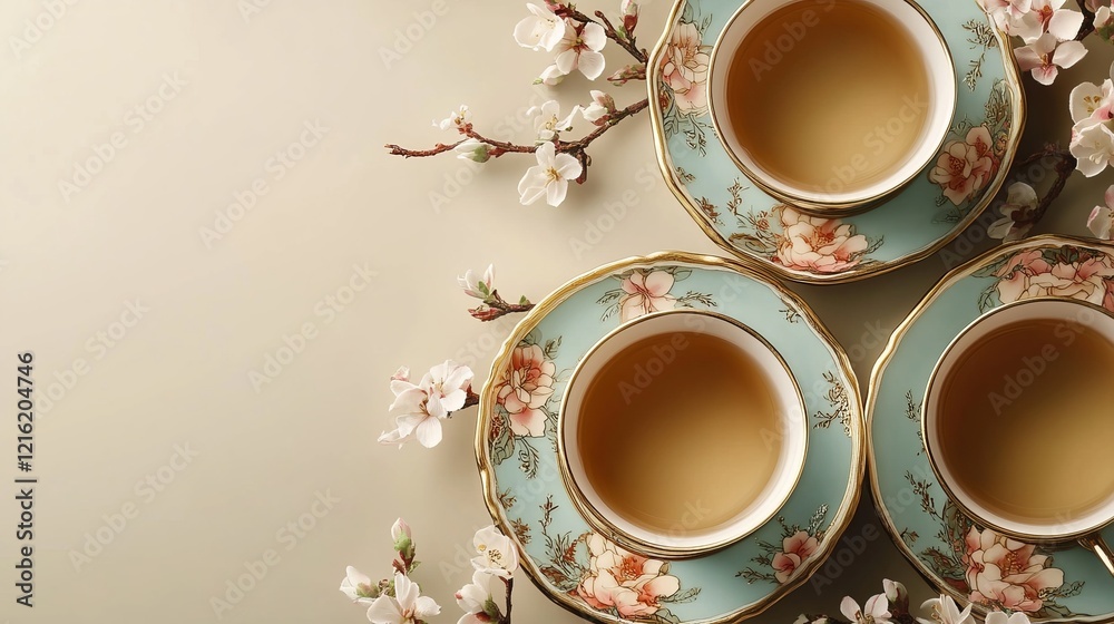 Tranquil Tea Ceremony Featuring Three Delicate Cups Adorned with Beautifully Arranged Flowers Creating a Serene Atmosphere Perfect for Relaxation and Enjoyment of Nature's Beauty and Harmony Tranquil Tea Ceremony Featuring Three Delicate Cups Adorned with Beautifully Arranged Flowers Creating a Serene Atmosphere Perfect for Relaxation and Enjoyment of Nature's Beauty and Harmony