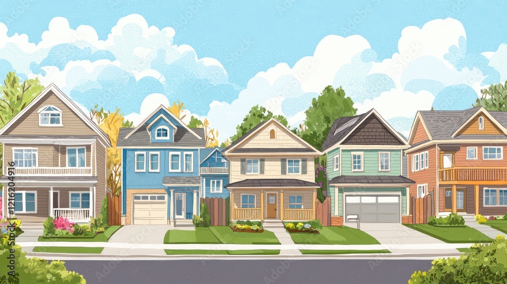 Front view illustration various houses in a neighborhood Front view illustration various houses in a neighborhood