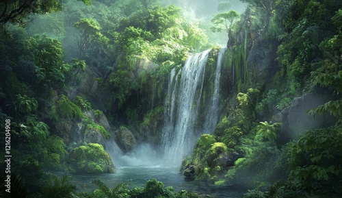 Lush jungle waterfall cascading into a tranquil pool.