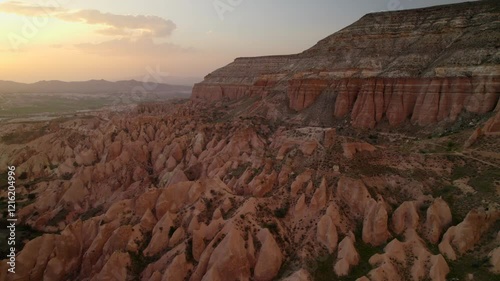 Aerial landscape of red valley at beautiful sunset, Cappadocia in Turkey