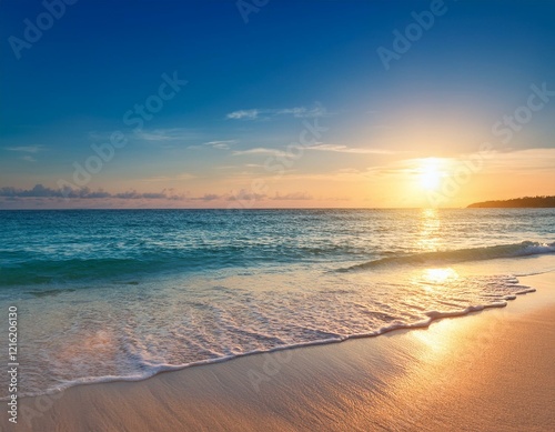 Tropical beach at sunset with a shimmering ocean, soft sand, and a blurred horizon