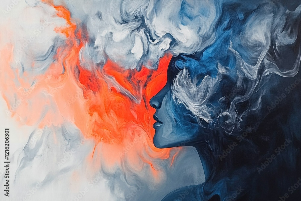 Fototapeta premium Abstract painting of a womans silhouette with colorful smoke representing emotion and creativity, suitable for art, wellness, or personal expression themes.