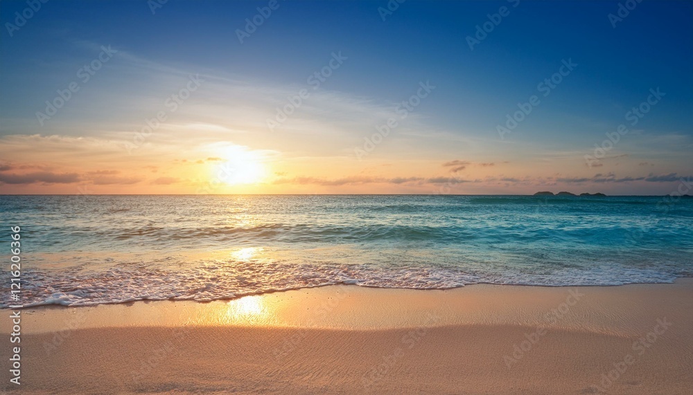 Tropical beach at sunset with a shimmering ocean, soft sand, and a blurred horizon Tropical beach at sunset with a shimmering ocean, soft sand, and a blurred horizon