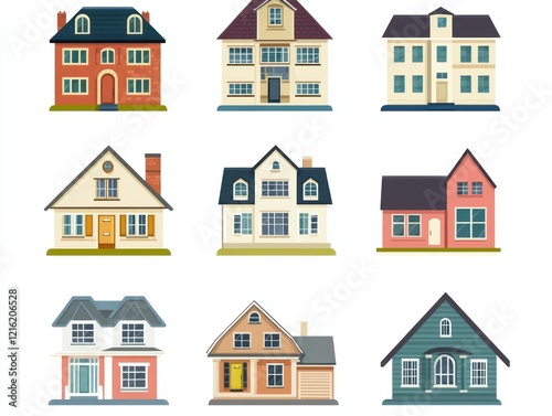 Icon set representing different house styles and buildings