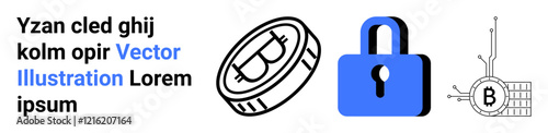 Bitcoin coin and blue lock symbolize security and protection for blockchain technology connected to cryptocurrency. Ideal for finance, tech, security, digital transactions, online banking