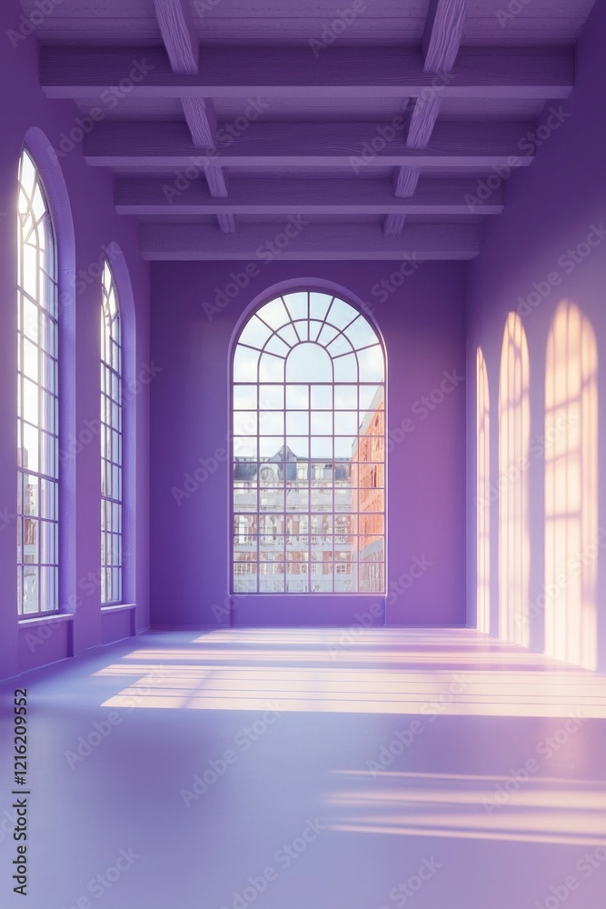 A dance studio with purple walls and large windows. Light is coming in from the windows, and the floor is painted white. A dance studio with purple walls and large windows. Light is coming in from the windows, and the floor is painted white.
