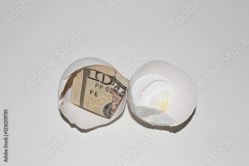 Ten dollars in egg closeup white background