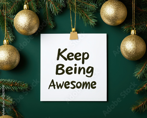 Festive garlands with golden ornaments and card saying Keep Being Awesome create cheerful atmosphere, perfect for celebrations and uplifting moments