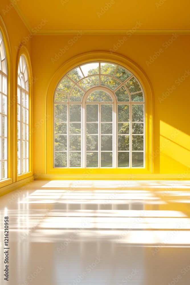 A dance studio with yellow walls and large windows. Light is coming in from the windows, and the floor is painted white. A dance studio with yellow walls and large windows. Light is coming in from the windows, and the floor is painted white.