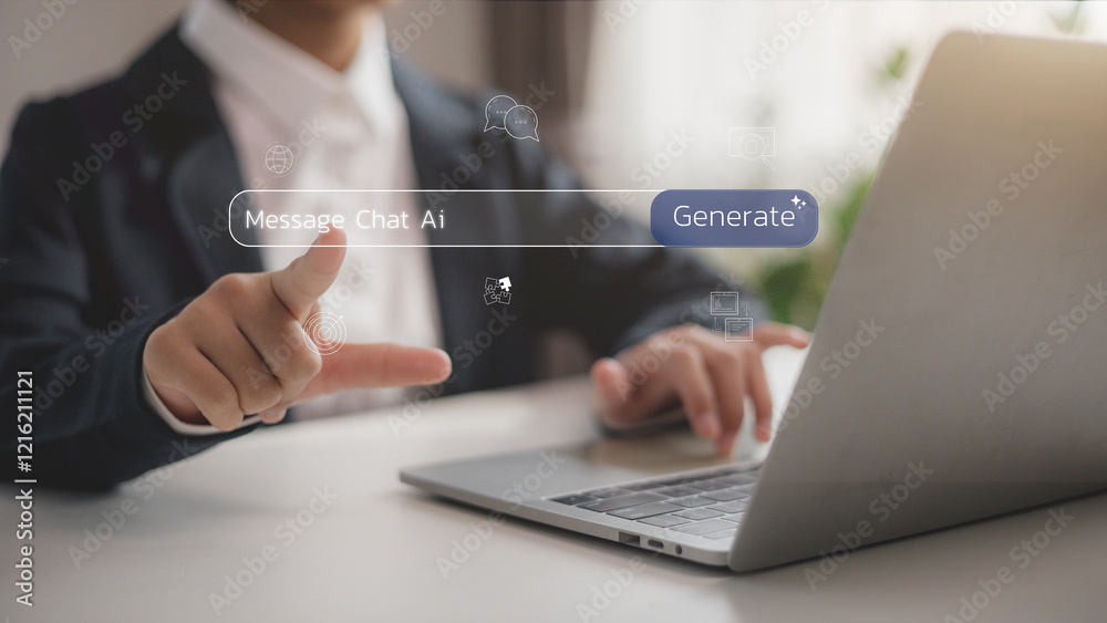 Businessmen touch the search bar with the AI Generate Button. Empowering Professionals with Advanced Tools for Efficient Content Creation, Showcasing the Future of AI in Everyday Digital Workspaces Businessmen touch the search bar with the AI Generate Button. Empowering Professionals with Advanced Tools for Efficient Content Creation, Showcasing the Future of AI in Everyday Digital Workspaces