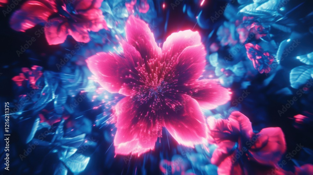 Neon Bloom: A surreal digital art of vibrant flowers glowing in the dark, a symphony of pink and blue hues creating a mystical and enchanting atmosphere. Neon Bloom: A surreal digital art of vibrant flowers glowing in the dark, a symphony of pink and blue hues creating a mystical and enchanting atmosphere.