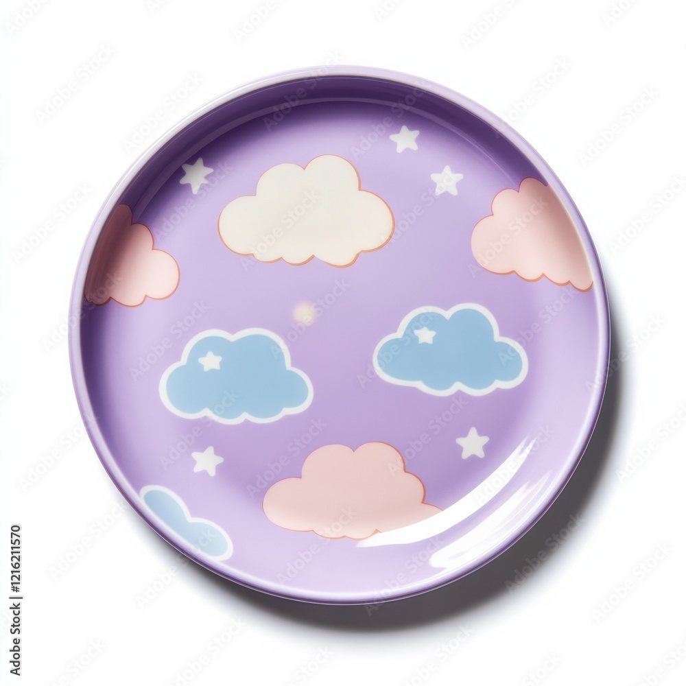 A plate with a whimsical design of pastel clouds and stars, with a soft lavender rim and a smooth glossy finish, perfect for kids. A plate with a whimsical design of pastel clouds and stars, with a soft lavender rim and a smooth glossy finish, perfect for kids.