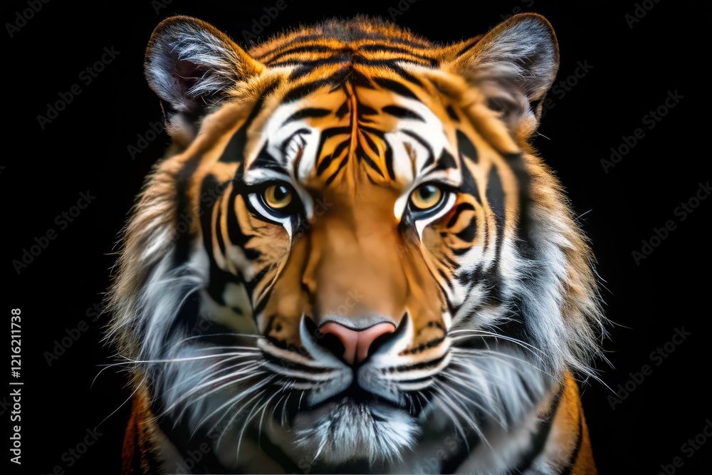 Fototapeta premium Wildlife portrait: A close-up of a magnificent tiger's face, set against a dramatic black backdrop.