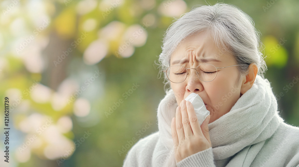 Elderly Asian female with cough and cold Elderly Asian female with cough and cold