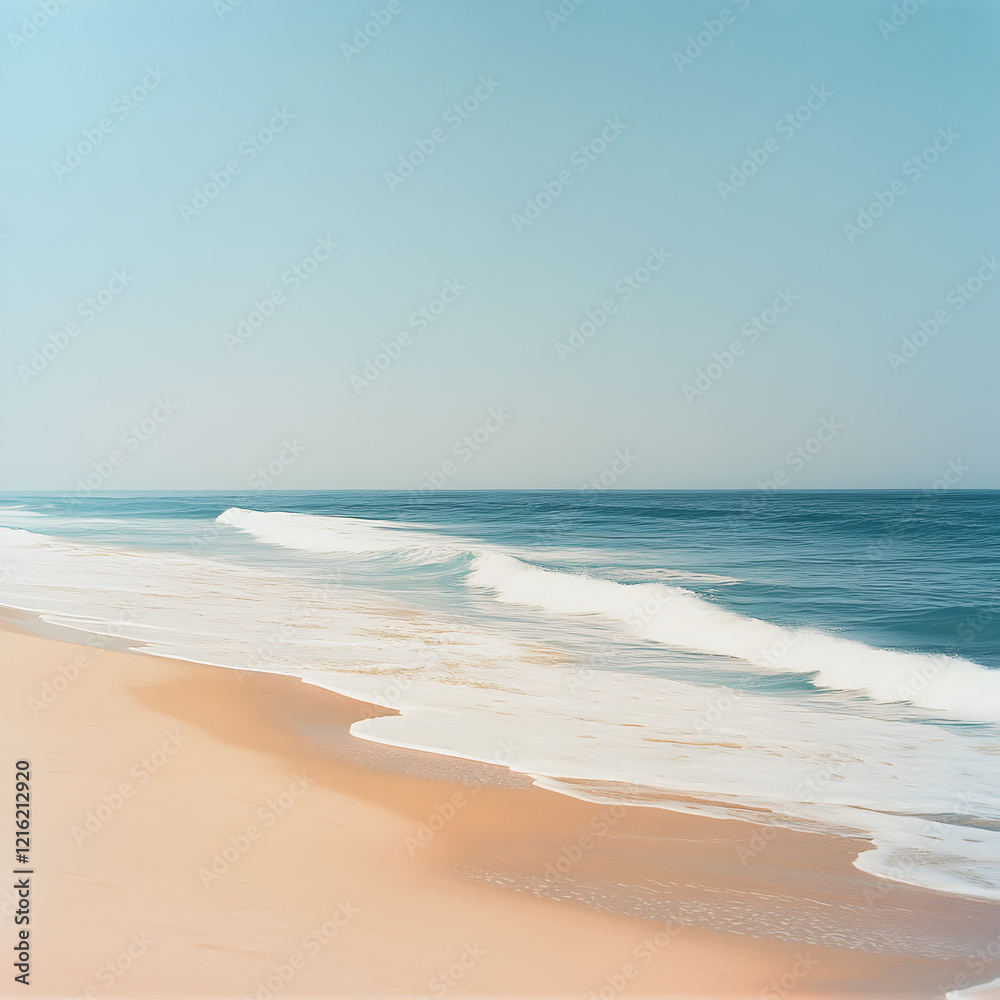 Obraz premium Seascape Serenity: A calming panorama of a tranquil beach, showcasing a gentle wave rolling onto the shore against a backdrop of a clear blue sky. The image exudes a sense of serenity and peace.