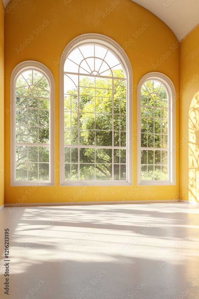 Fototapeta premium A dance studio with yellow walls and large windows. Light is coming in from the windows, and the floor is painted white. 