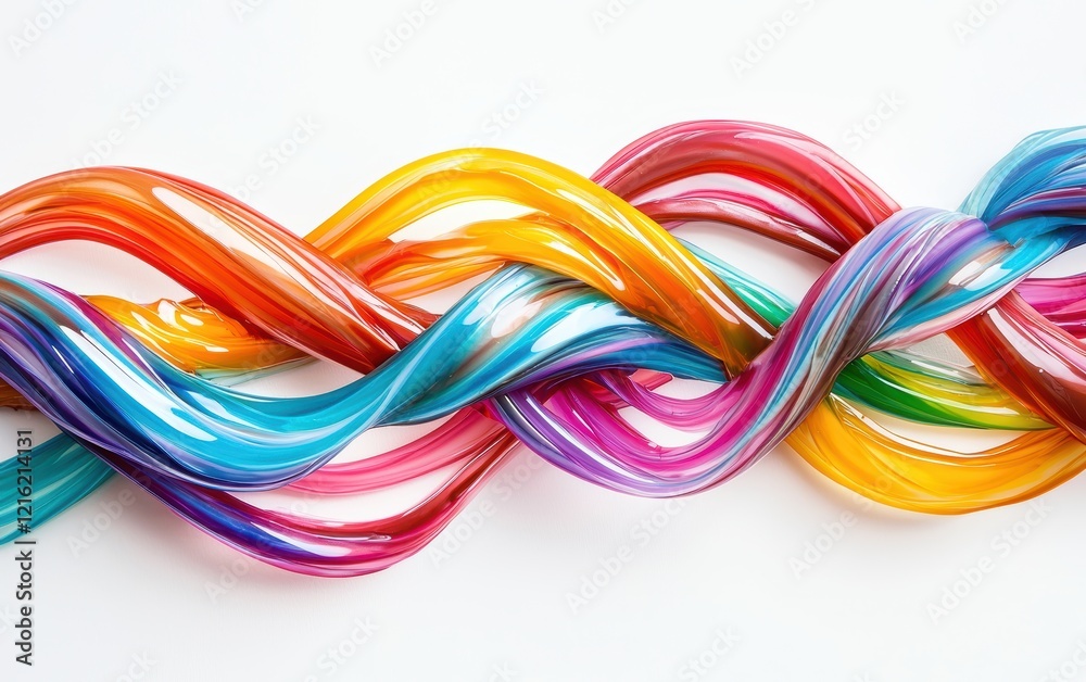 Rainbow chocolate streams intertwining in mid-air, forming a mesmerizing pattern on a bright white surface Rainbow chocolate streams intertwining in mid-air, forming a mesmerizing pattern on a bright white surface